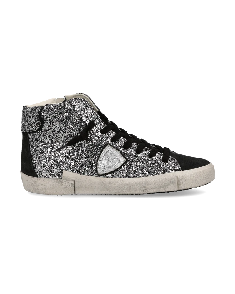 Sneakers Prsx High Women with Glitter Upper, Black Silver
