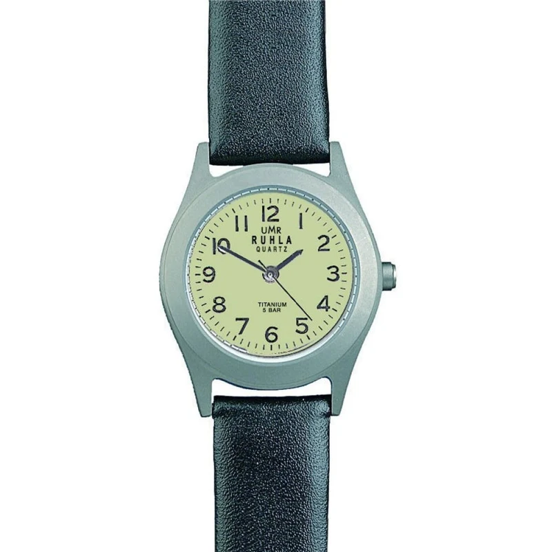 Ruhla Titanium Horloge Gele Wijzerplaat – Mat Titanium Behuizing – Zwarte Band – 27 mm