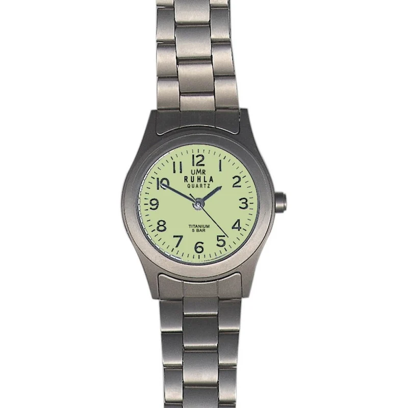 Ruhla Titanium Horloge – Gele Fluorescerende Wijzerplaat – Mat Titanium Behuizing – Zilveren Mesh Band – 27 mm