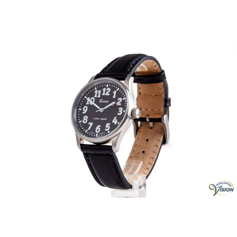 Gardé Jumbo Horloge – Zwarte Wijzerplaat – Gepolijste Stalen Behuizing – Zwart Leren Band – 33 mm