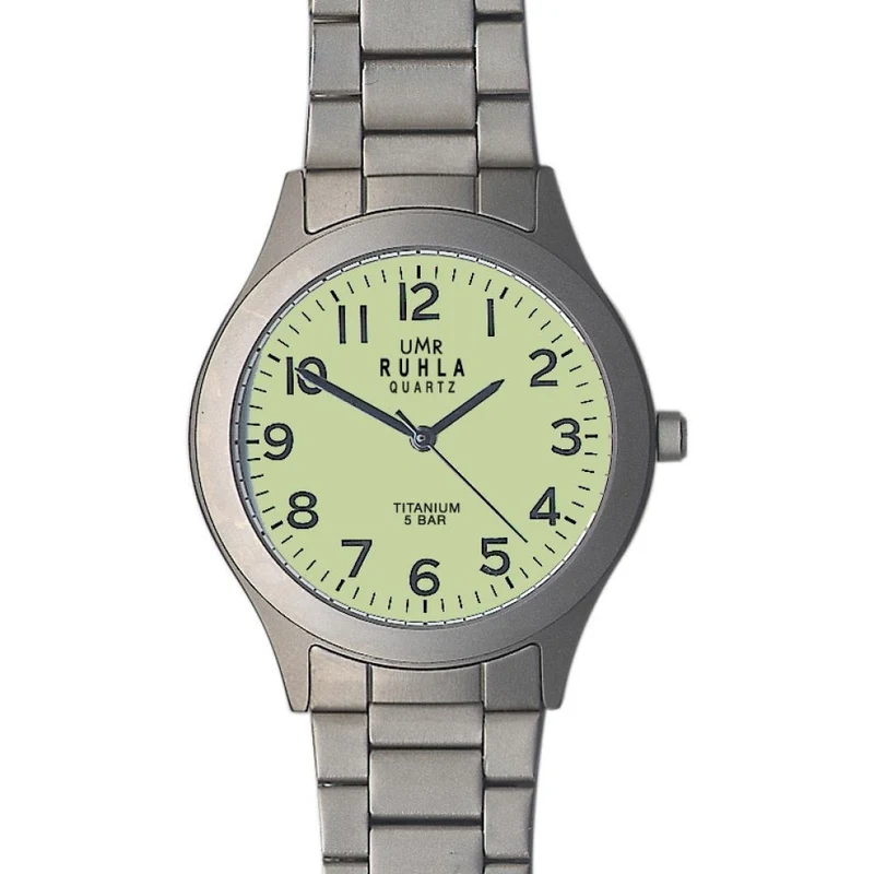 Ruhla Titanium Horloge Geel WP 3 – Mat Titanium Behuizing – Fluorescerende Wijzerplaat – Zilveren Mesh Band
