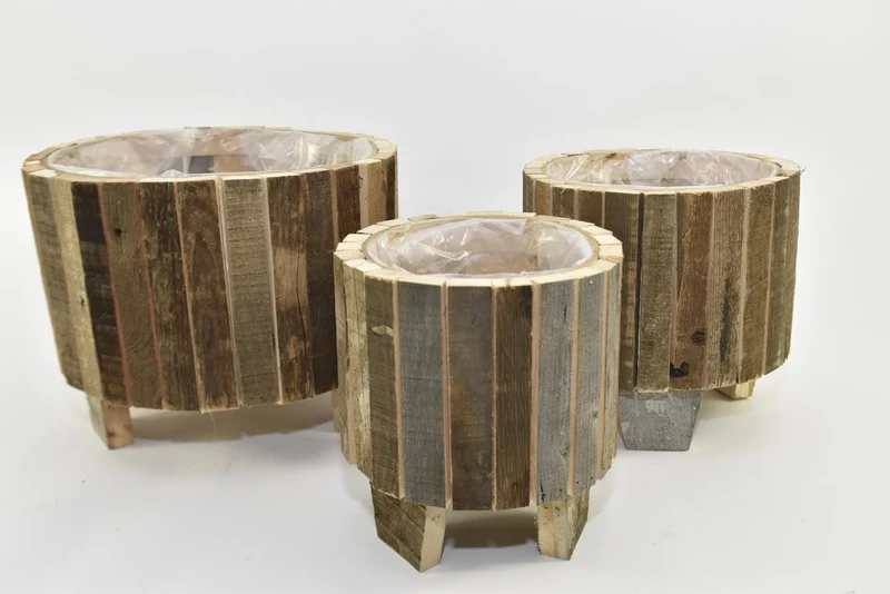Luxe Bloempot Set/3 Houten Plantbak Laag Rond Bruin - D34 H27 cm