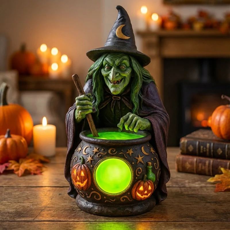 Halloweenlamp heks – Gesculpteerd tafereel met groene ketelgloed op USB
