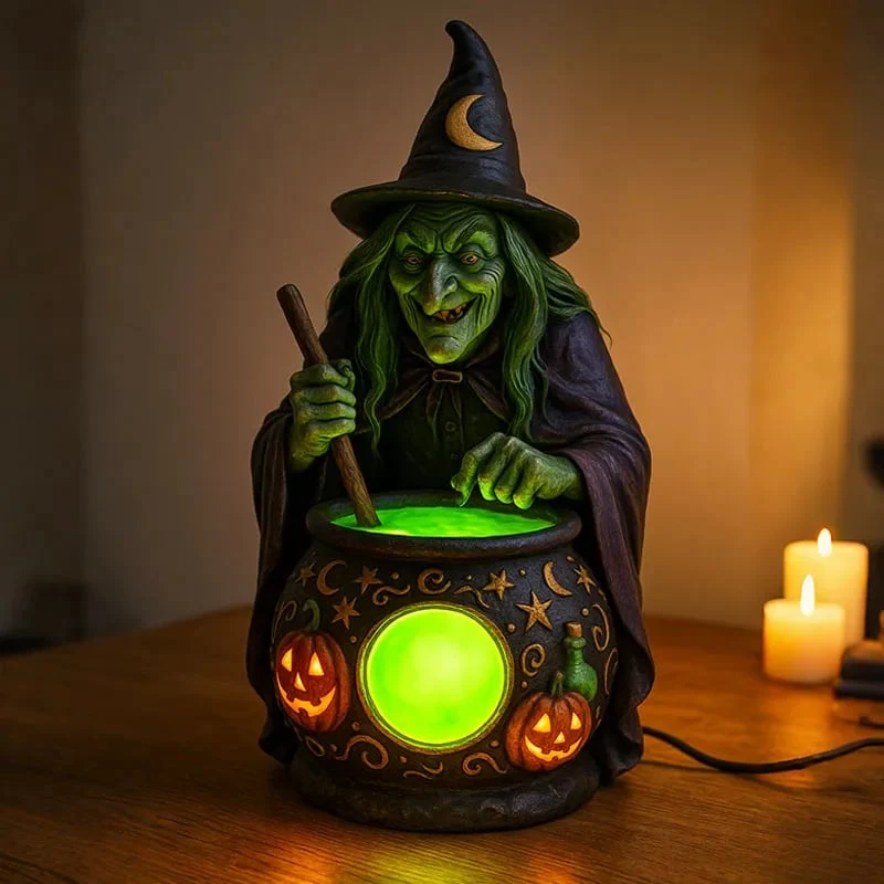 Ketellamp – Groene ledgloed in een harsen heksenketel van 15 cm