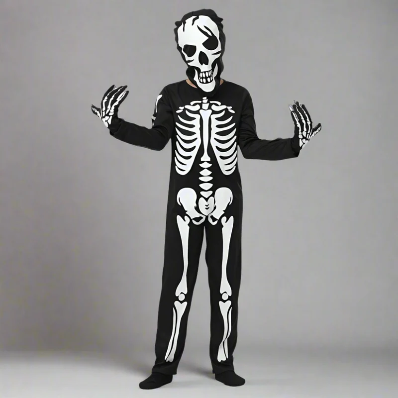 Skeletkostuum kinderen – Jumpsuit met capuchon en handschoenen die gloeien