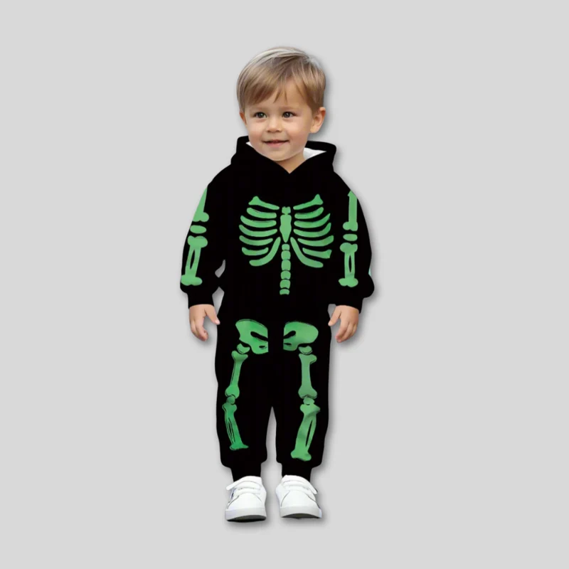 Peuterkostuum – Hoodie en broek met skeletprint die in het donker gloeit