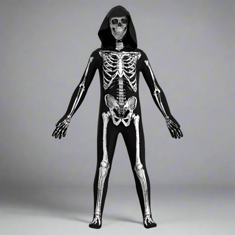 Zombiekostuum – Jumpsuit met skeletprint, rugrits en schedelmasker