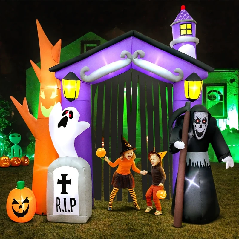 Opblaasboog – Verlichte Halloween-entree met spook, pompoenen en grafsteen