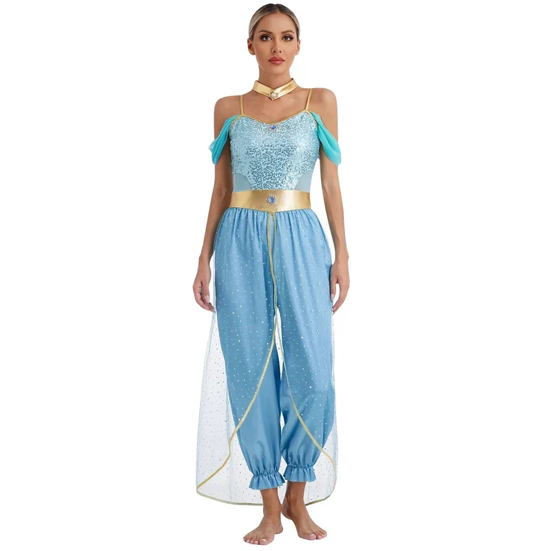 Halloween jumpsuit dames – Pailletten lijfje met off-shoulder en wijde broek