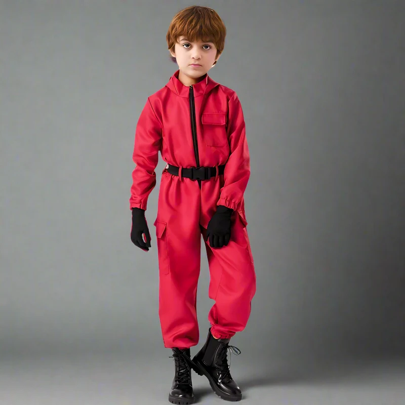 Kinderkostuum soldaat – Rode jumpsuit met handschoenen en riem