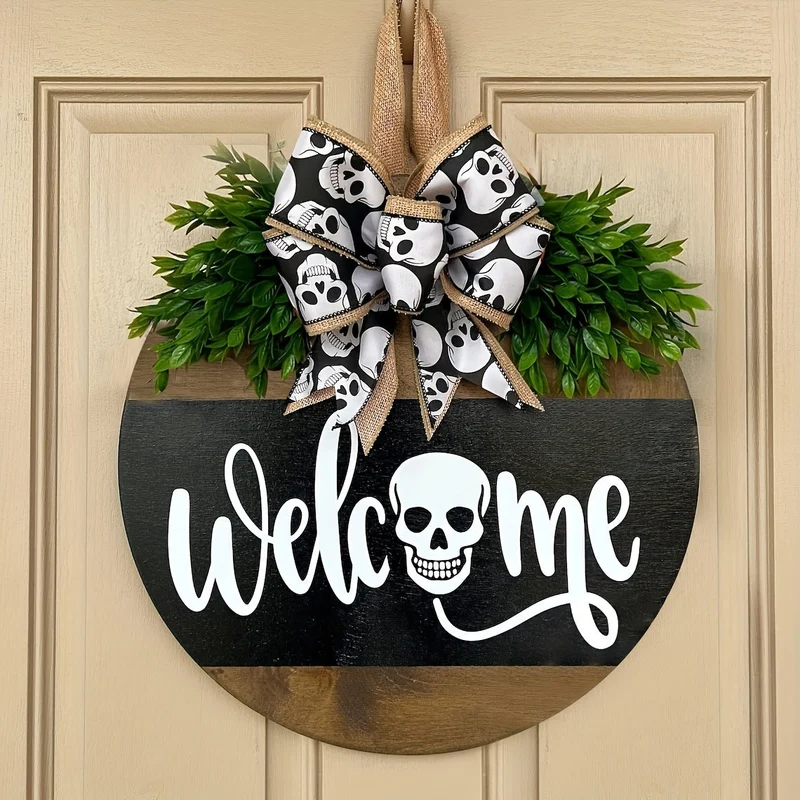 Deurkrans Halloween – Houten welkomstbord met schedel en grote strik
