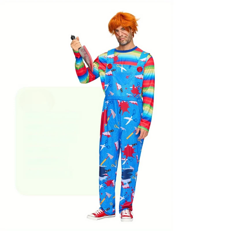 Horrorkostuum heren – Overall met bloedprint, pruik en speelgoedmes