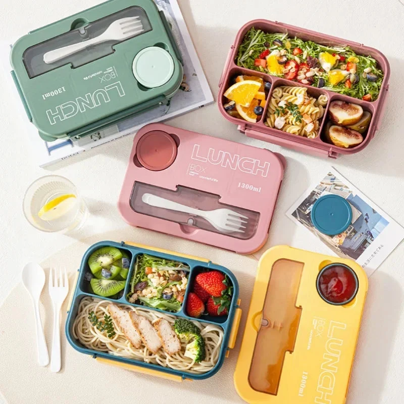 Bento Lunchbox 1300ML – Met Bestek, Sauskom & Compartimenten