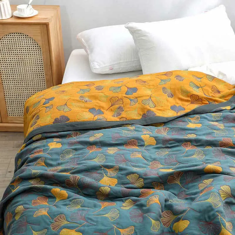 Katoenen Sprei – Omkeerbaar Design met Ginkgobladmotief & Jacquard