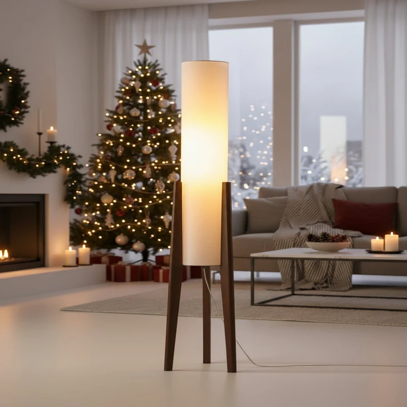Scandinavische Vloerlamp – Walnoothout, Dimbare LED & Stoffen Kap