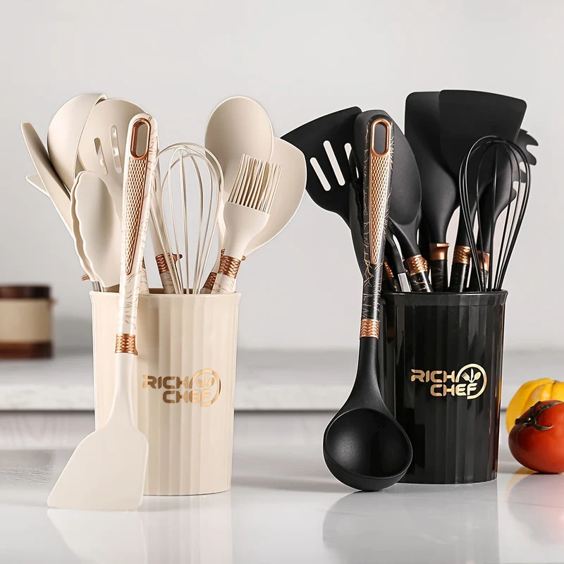 Keukengerei set – Siliconen kookgerei met houten handgrepen en houder