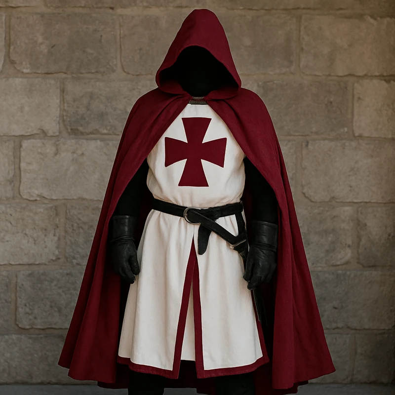 Tempelier kostuum – Middeleeuwse outfit met capuchonmantel en tuniekdetail
