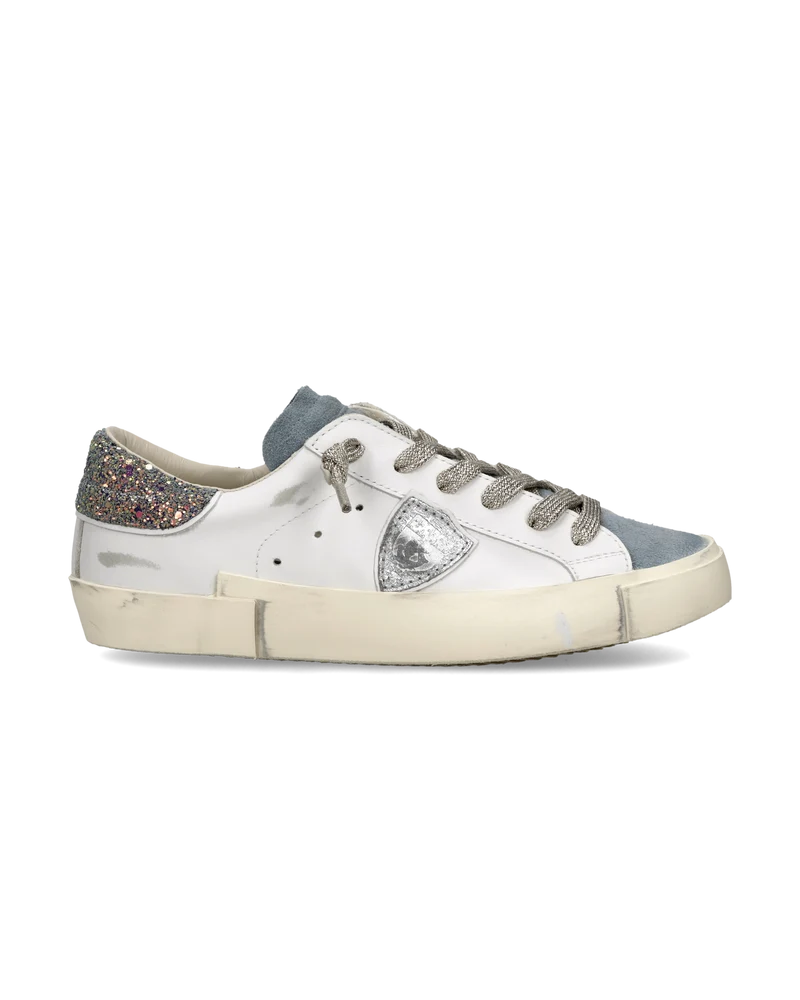 Sneakers Prsx Women with Glitter heel tab, White Blue