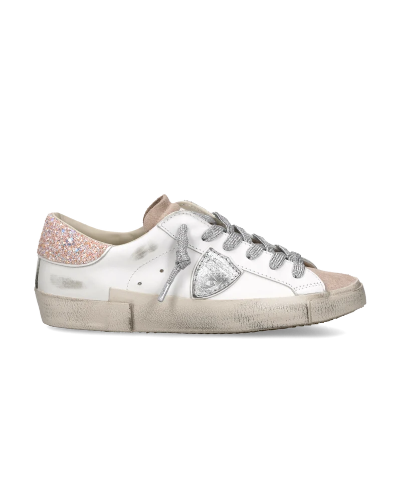 Sneakers Prsx Women with Glitter heel tab, White Pink Silver