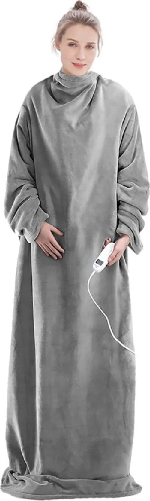 Elektrische deken met mouwen - Fleece plaid - Knuffeldeken groot - Wasbare elektrische deken met 9 standen en timer - 195x125cm - Grijs
