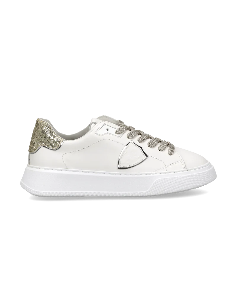 Sneakers Temple Women with Glitter Heel Tab, White Gold