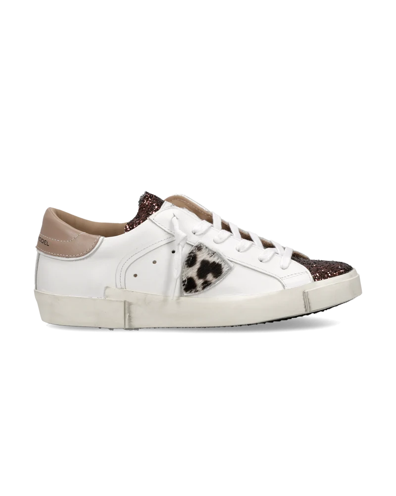 Sneakers Prsx Women with Animal-Print Shield, White Bronze Beige