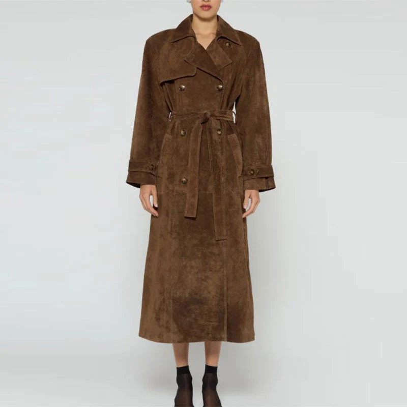 Dames Suède Trenchcoat met Getailleerde Pasvorm en Ceintuur