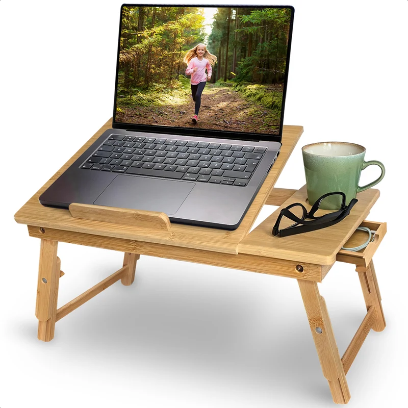 Goliving Laptoptafel - Uitklapbaar tot 39 cm Hoog - Verstelbaar & Opvouwbaar Werkblad - Ergonomische Bedtafel - Banktafel - Bedtafeltje - Laptopstandaard - Hout