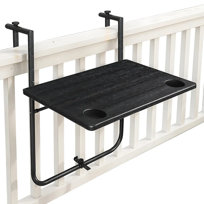 Goliving Balkontafel - Inklapbaar - Hangend - 60 x 40 cm - Verstelbaar in 3 hoogtes - Weerbestendig - 2 bekerhouders – Zwart