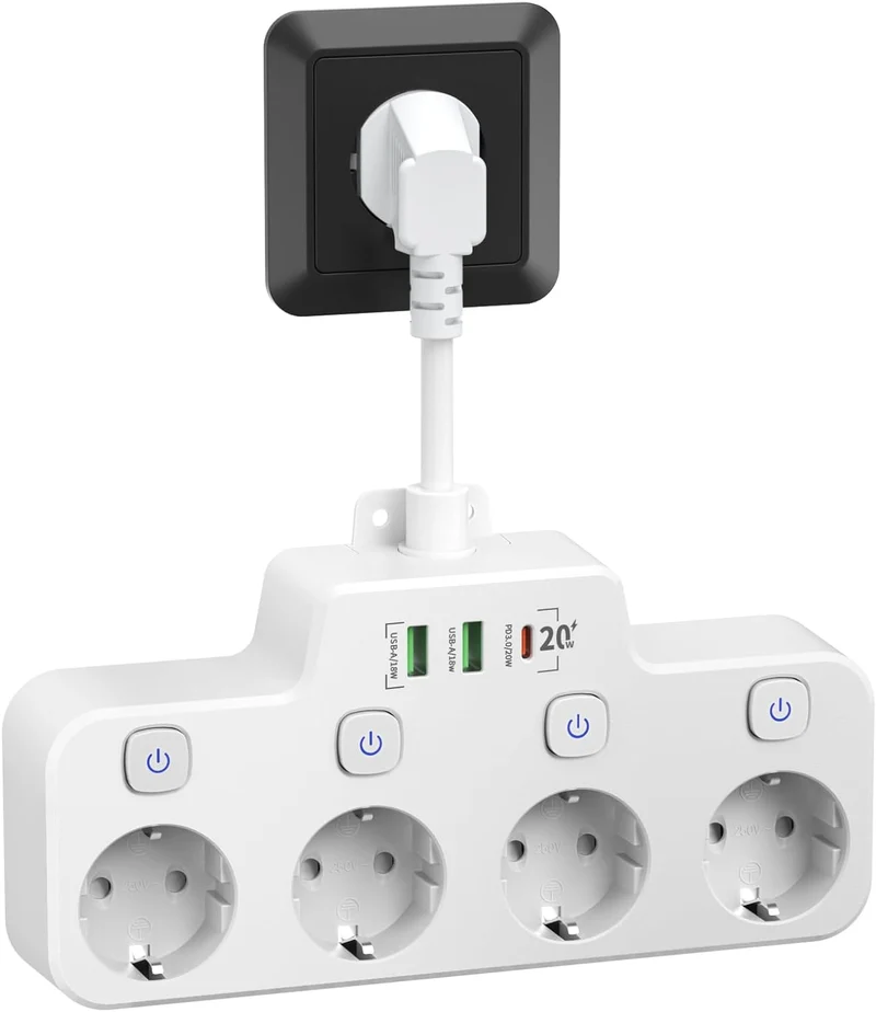 Draaibare stekkerdoos - Wandmontage Stekkerdoos met Onafhankelijke Schakelaar - 2 USB A En 1 USB C