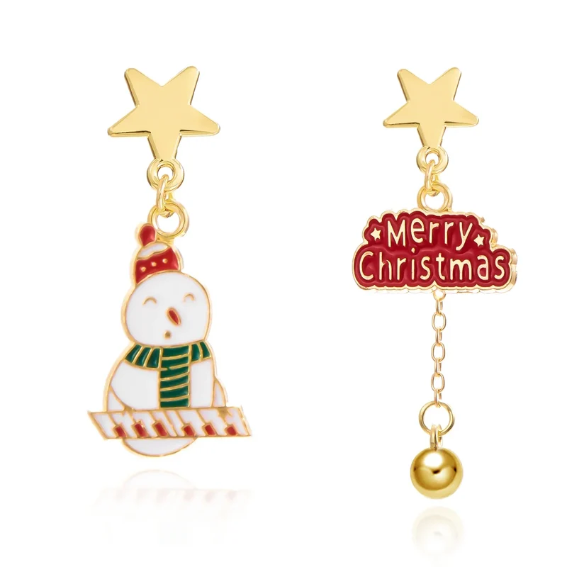 Frosty Charm Kerst Oorbellen – Asymmetrisch Ontwerp met Sneeuwman & Rode Strik, Lichtgewicht Feestaccessoire