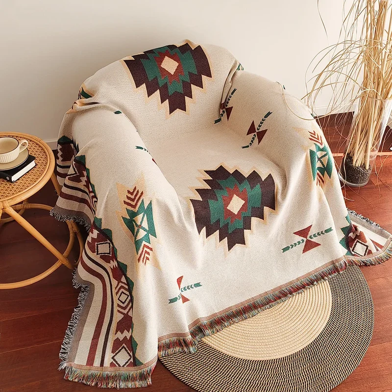 Solara – Oversized Boho Aztec Plaid met Franjes – Katoenmix voor Sofa & Bed