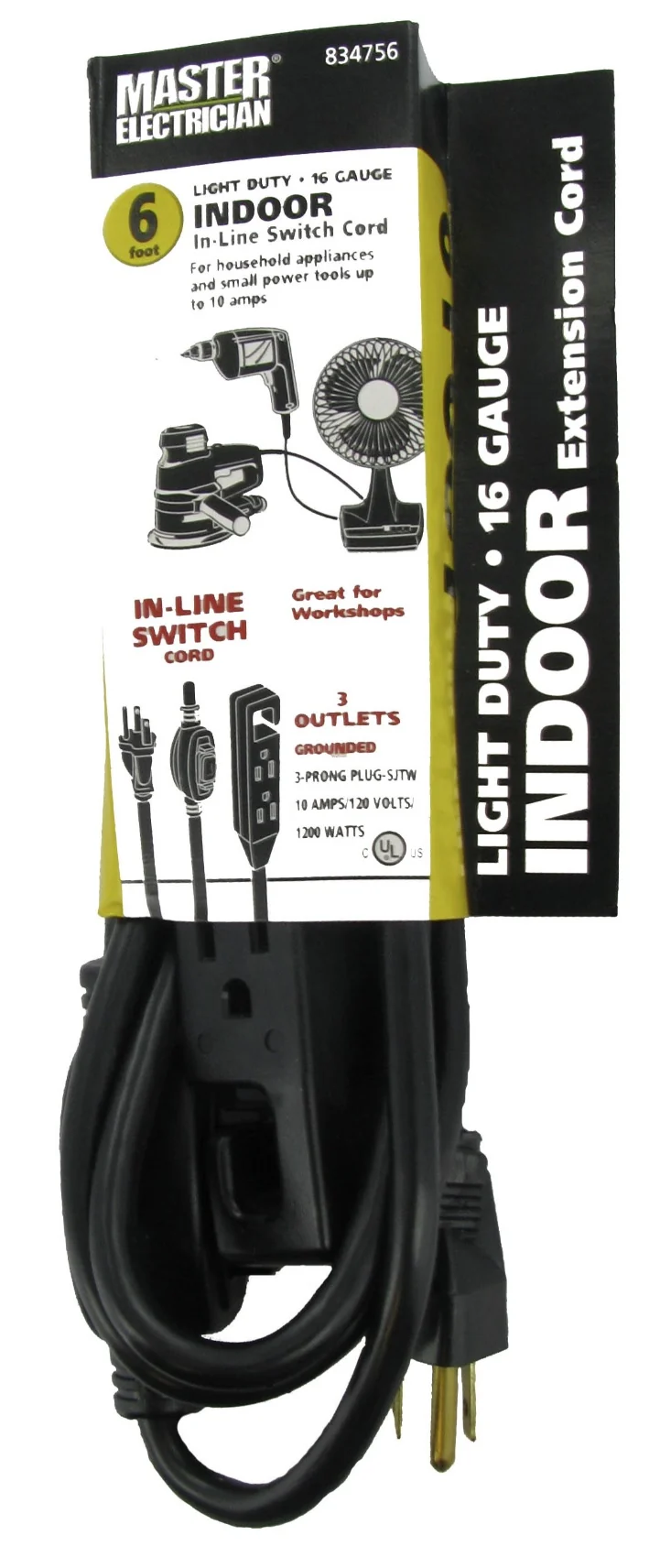 Master Electrician 04005ME 6' 16/3 SJTW Black Indoor Extension Cords With Inline On/Off Switch - Quantity of 12
