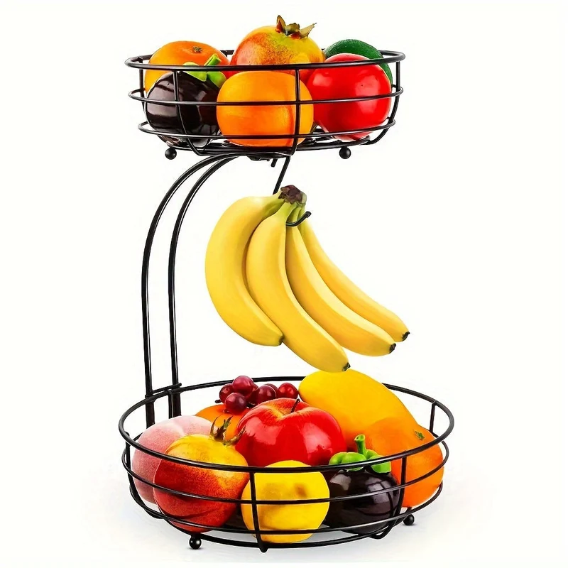 Fruitetagère 2-Laags – Metalen Fruitmand met Bananenhaak en Ruimtebesparend Design
