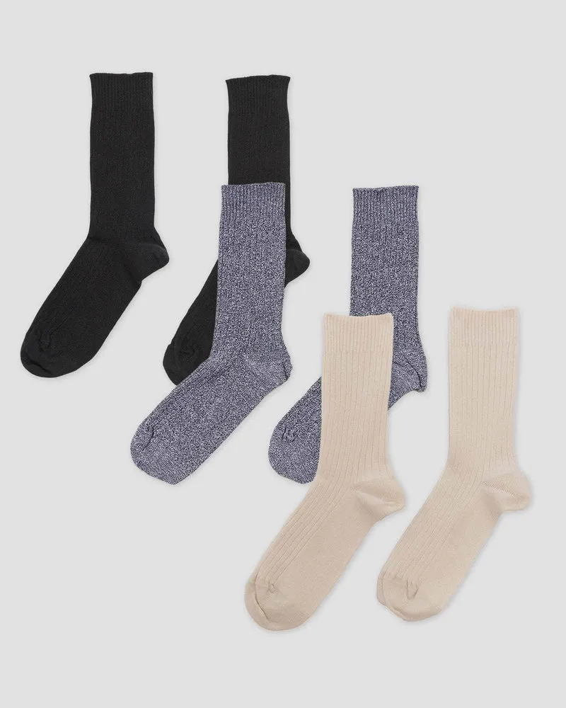 Pack - 3 Rib Overankle Socks (Black / grey melange / undyed)