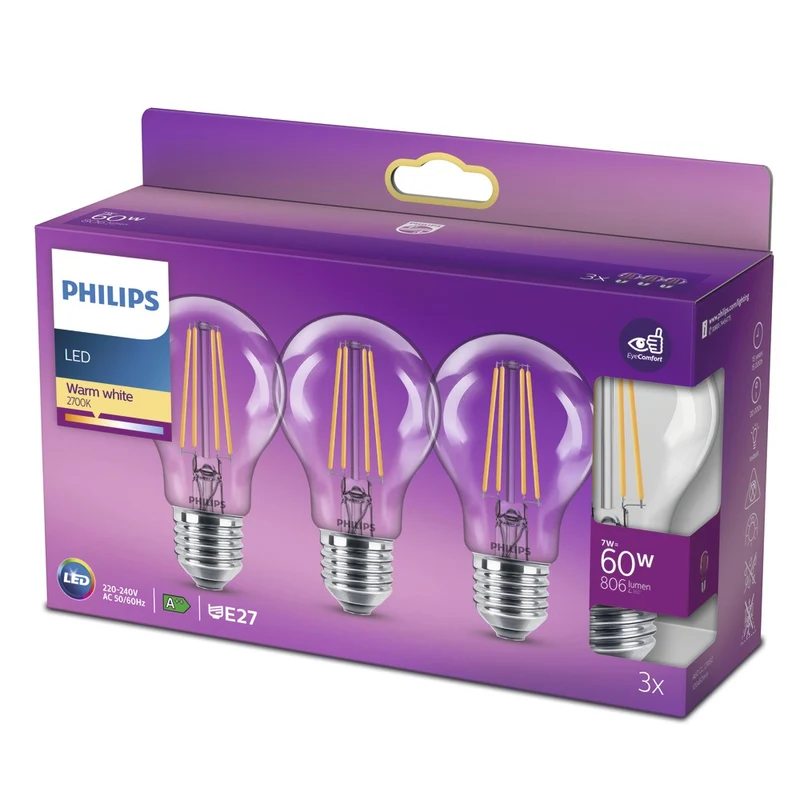 Philips LED Lamp Peer 60W E27 Warmwit Helder 3st