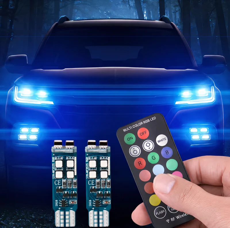 T10 LED Auto Lampjes – 2 stuks RGB W5W met afstandsbediening