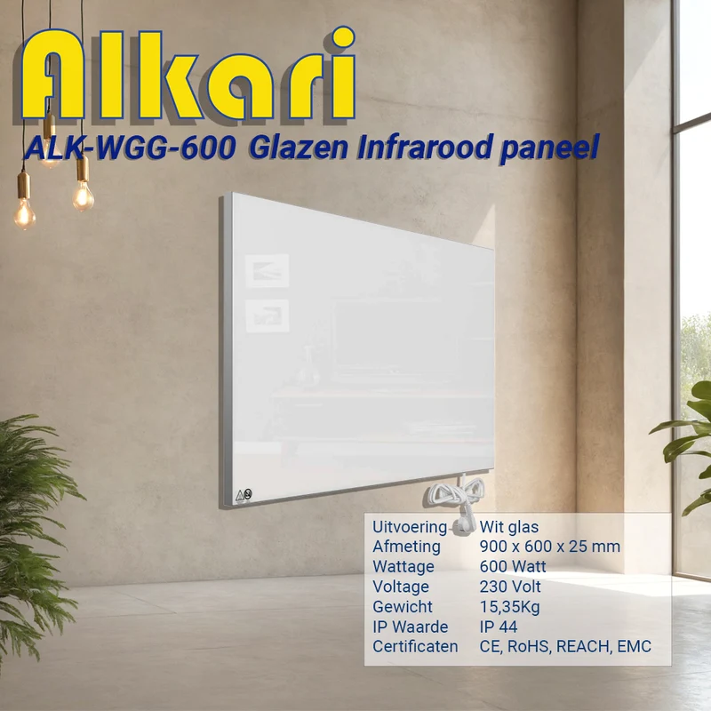 Alkari 600 Watt wit glazen infrarood paneel