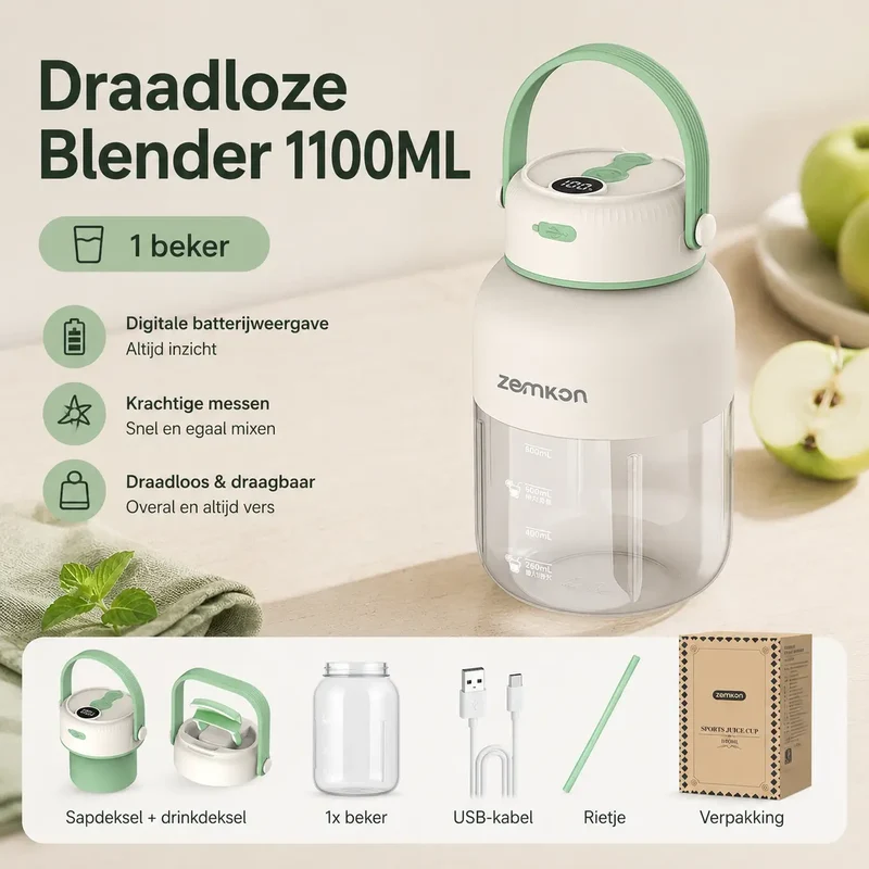 JuiceX™ Zemkon Draadloze Blender | 1,1 Liter Smoothie Blender voor Thuis en Onderweg