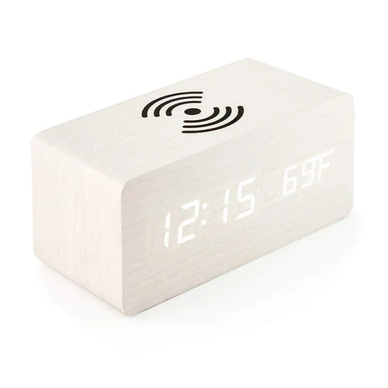 Woodline – Houten digitale wekker draadloos opladen & 3 alarmen – slaapkamer