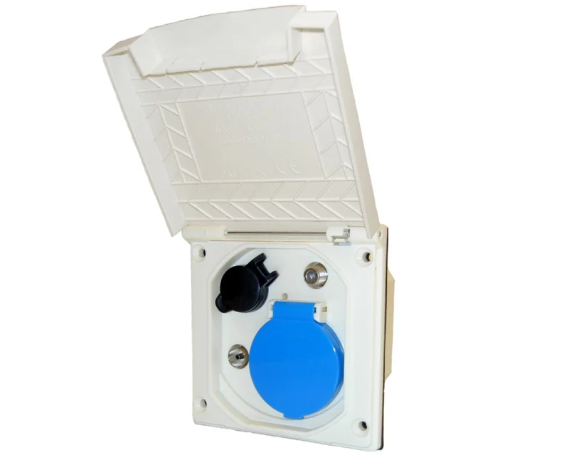 Inbouwstekkerdoos 230V/12V/Antenne/Sat Nieuw Model Deksel Wit