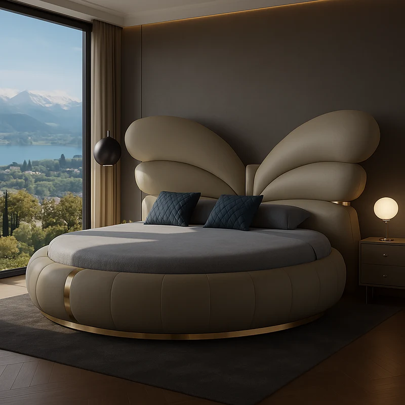 Elegant Butterfly Wing Headboard Leather Round Bed