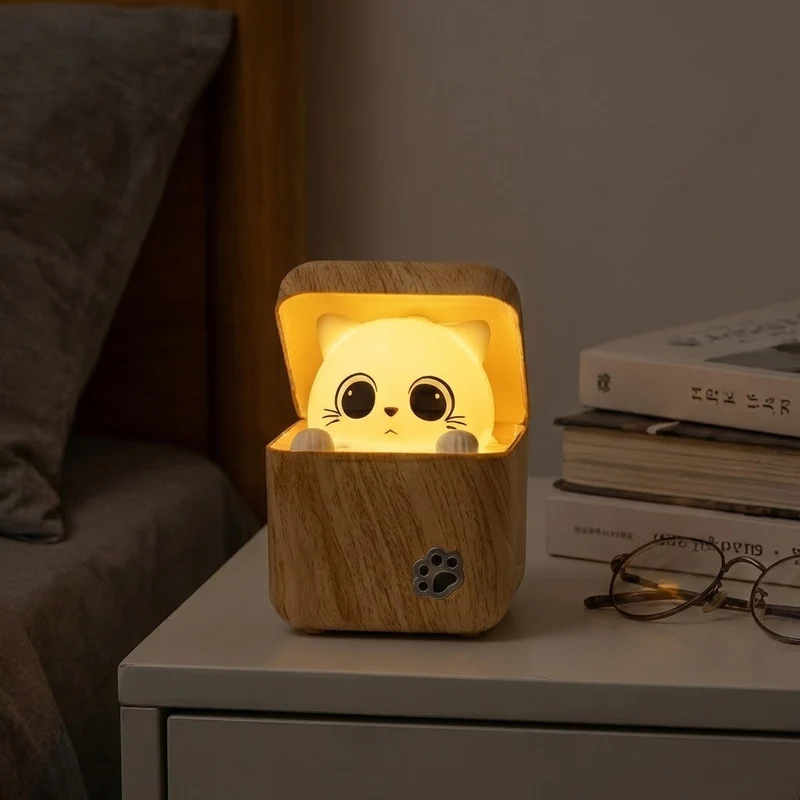 Cute Peekaboo Cat Wooden Night Light Lamp