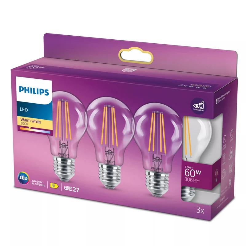 Philips Led Lamp Classic 60W A60 E27 WW CL ND 3PFSRT6