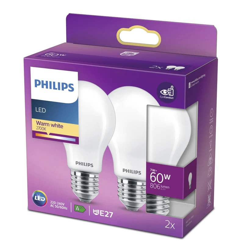 Philips LED Lamp Peer 60W E27 Warmwit Mat 2st