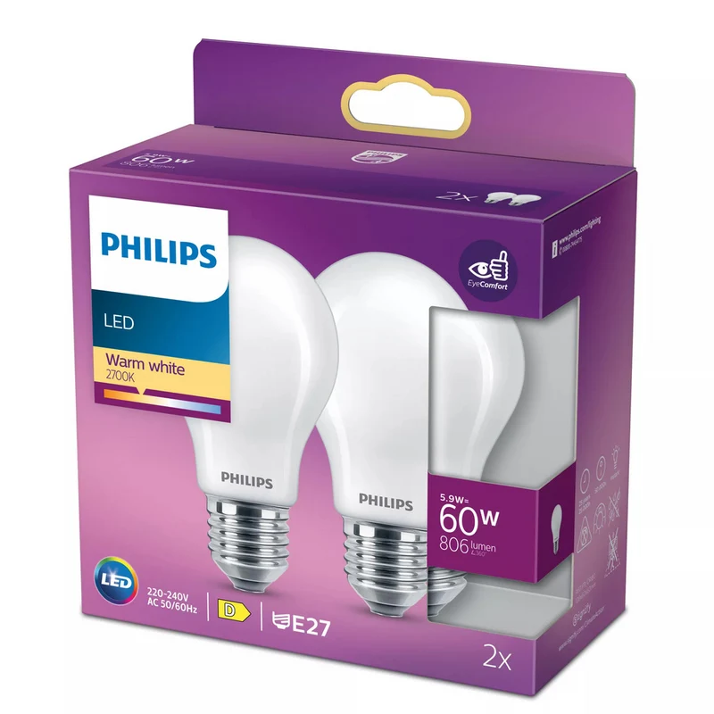 Philips LED Classic 60W A60 E27 ND 2PFSRT6 Warmwit Mat 2st